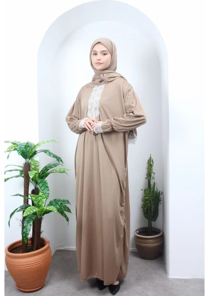 Mevsimlik Kendinden Başörtülü Dantelli Kadın Namaz Elbisesi, Terletmeyen Namaz Kıyafeti-Koyu Bej