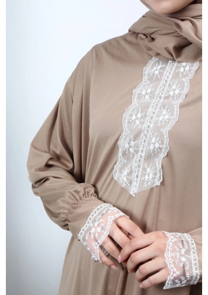Mevsimlik Kendinden Başörtülü Dantelli Kadın Namaz Elbisesi, Terletmeyen Namaz Kıyafeti-Koyu Bej fırsatları