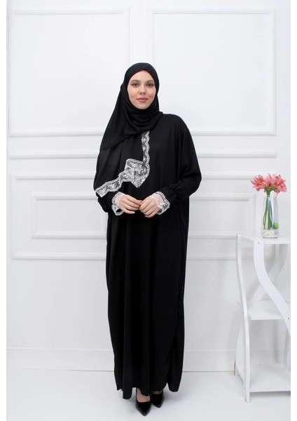 Mevsimlik Kendinden Başörtülü Dantelli Kadın Namaz Elbisesi, Terletmeyen Namaz Kıyafeti-Siyah