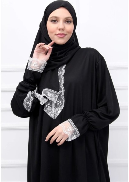 Mevsimlik Kendinden Başörtülü Dantelli Kadın Namaz Elbisesi, Terletmeyen Namaz Kıyafeti-Siyah fiyatları