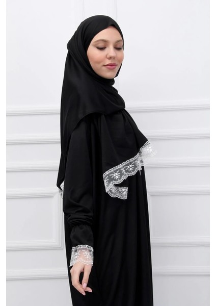 Mevsimlik Kendinden Başörtülü Dantelli Kadın Namaz Elbisesi, Terletmeyen Namaz Kıyafeti-Siyah modelleri