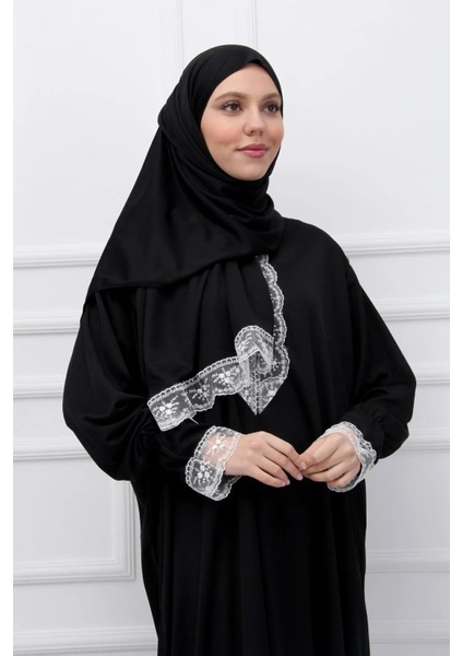 Mevsimlik Kendinden Başörtülü Dantelli Kadın Namaz Elbisesi, Terletmeyen Namaz Kıyafeti-Siyah fırsatları