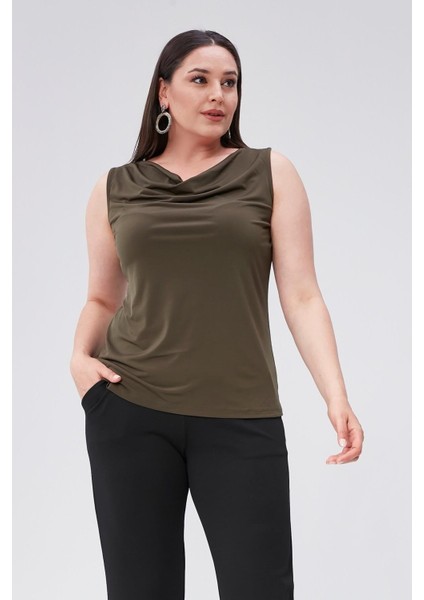Degaje Yaka Sandy Büyük Beden Kadın Basic Bluz 4 Mevsim Rahat Kullanım Şık Atlet-Haki