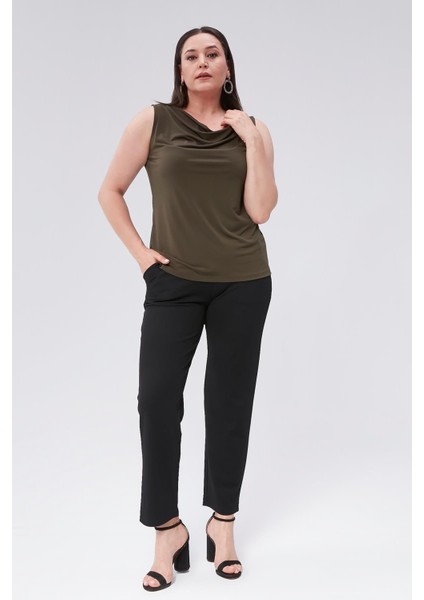 Degaje Yaka Sandy Büyük Beden Kadın Basic Bluz 4 Mevsim Rahat Kullanım Şık Atlet-Haki fiyatları