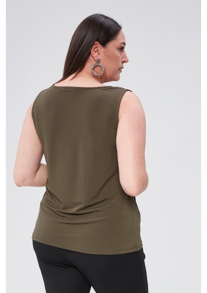Degaje Yaka Sandy Büyük Beden Kadın Basic Bluz 4 Mevsim Rahat Kullanım Şık Atlet-Haki modelleri