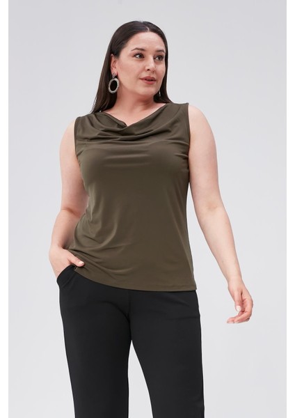 Degaje Yaka Sandy Büyük Beden Kadın Basic Bluz 4 Mevsim Rahat Kullanım Şık Atlet-Haki fırsatları