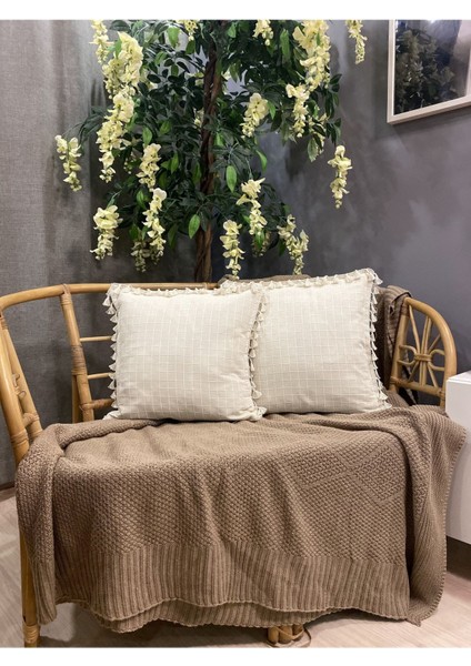 2'li Natural Organik Pamuklu,püsküllü Kare Kırlent Kılıfı Seti