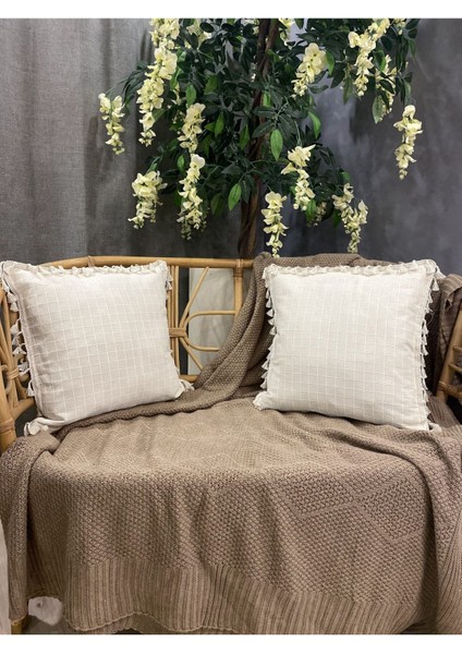 2'li Natural Organik Pamuklu,püsküllü Kare Kırlent Kılıfı Seti modelleri