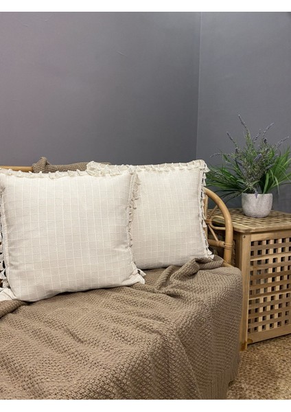 2'li Natural Organik Pamuklu,püsküllü Kare Kırlent Kılıfı Seti fırsatları