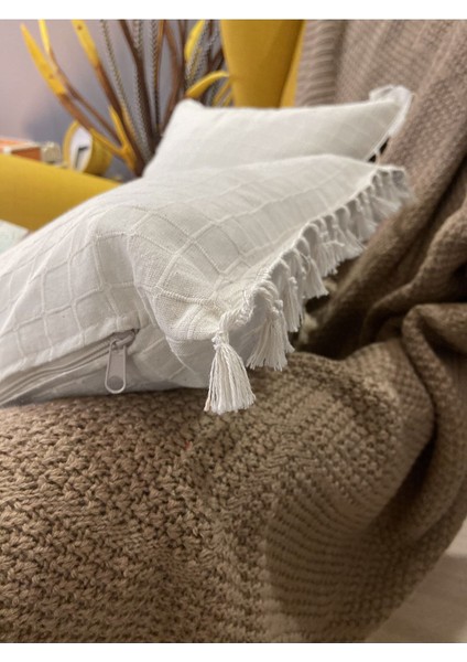 2'li Natural Organik Pamuklu,püsküllü Kare Kırlent Kılıfı Seti indirimleri