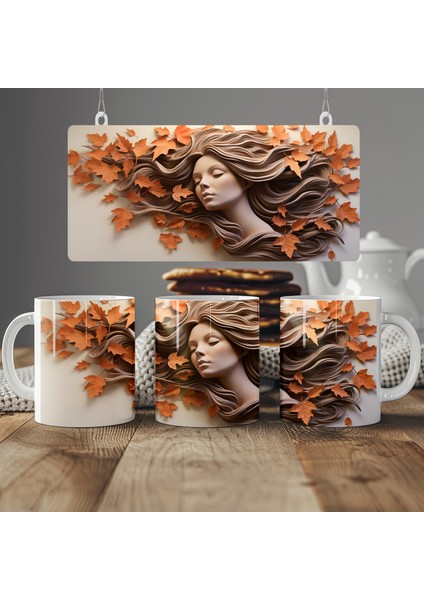 3D Autumn Girl Desenli Sublimasyon Kupa Bardak - Şık Tasarım ile Her Yudumda Keyif Alın