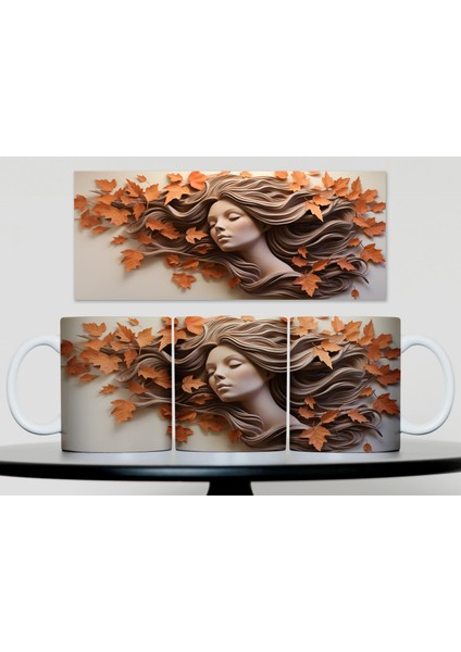 3D Autumn Girl Desenli Sublimasyon Kupa Bardak - Şık Tasarım ile Her Yudumda Keyif Alın