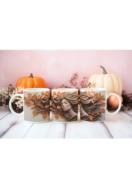 3D Autumn Girl Desenli Sublimasyon Kupa Bardak - Şık Tasarım ile Her Yudumda Keyif Alın