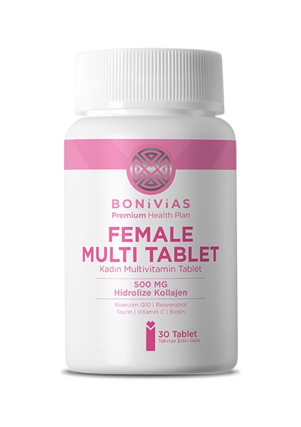 Kadınlar için Female Multi Vitamin Tablet - Hidrolize Kolajen, Koenzim Q10, D- Biotin, Taurin, Resveratrol, Turna Yemişi, Folik Asit Vitaminler ve Mineraller İçeren Takviye Edici Gıda”