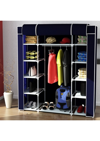 Çift Yandan Raflı Plastik Profilli Askılı Portatif Bez Gardırop