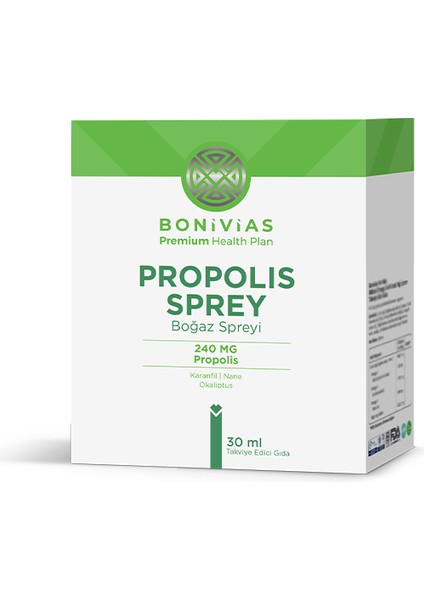 Propolis Boğaz Spreyi / Propolis, Nane, Okaliptus, Karanfil, ve Mentol içeren Likit Takviye Edici Gıda
