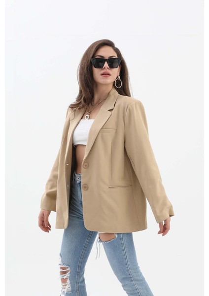 Kadın Kruvaze Yaka Oversize Blazer Ceket - Vizon