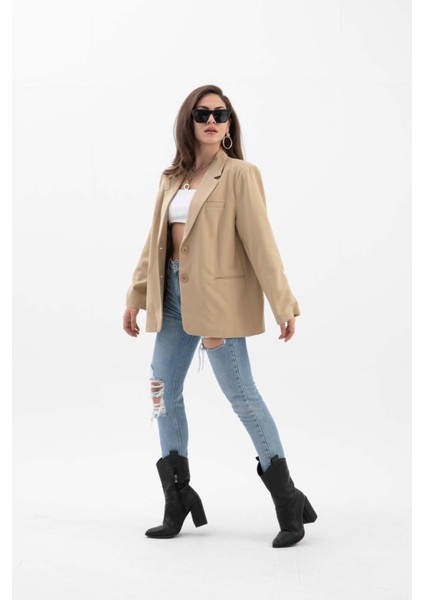 Kadın Kruvaze Yaka Oversize Blazer Ceket - Vizon