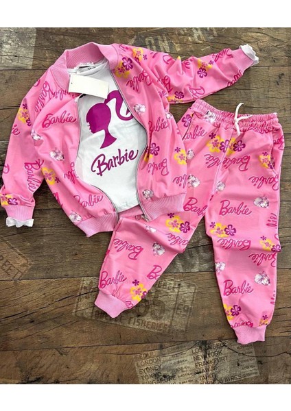 Kız Çocuk Barbie Iki Iplik Hırkalı Pijama Takımı Üçlü Kombin