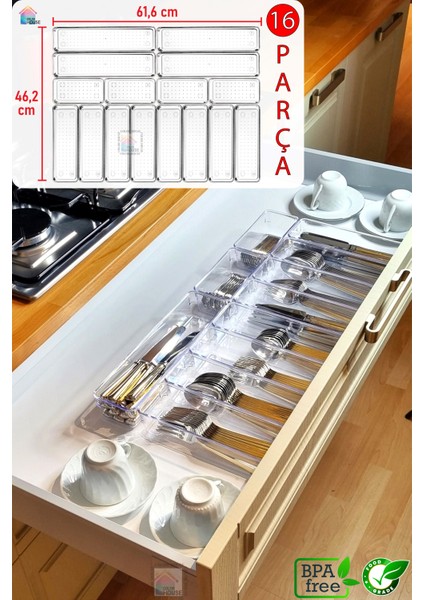 Color House 16'lı Set Modüler Kaşıklık Organizer Çekmece Içi Şeffaf Düzenleyici Tahta Kaşık Drawer Organizer