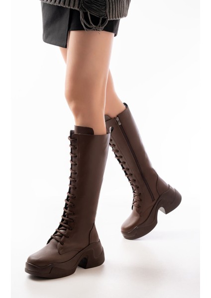 Kahverengi Yüksek Tabanlı Bağcıklı Fermuarlı Günlük Kadın Çizme