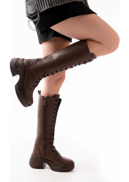 Kahverengi Yüksek Tabanlı Bağcıklı Fermuarlı Günlük Kadın Çizme modelleri