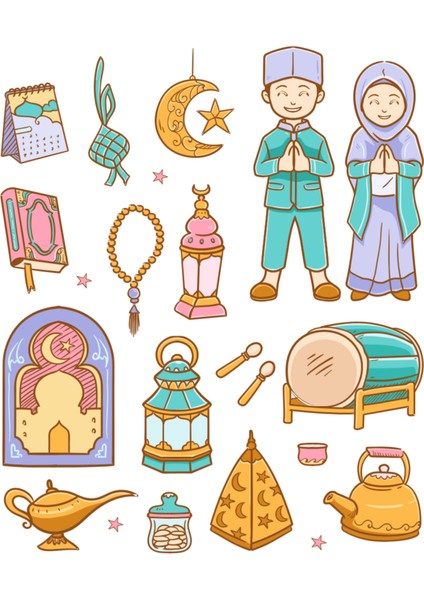 Ramazan Ayı Temalı Sticker Seti - Defter Cam Duvar Süsleri Süslemeleri - 4 Sayfa A5 Boyut, 75+ Adet indirimleri