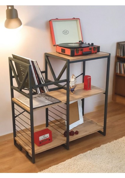 DEKORATİF PLAK STANDI METAL GÖVDELİ AHŞAP RAFLI PİLAK KÖŞESİ DRESUAR