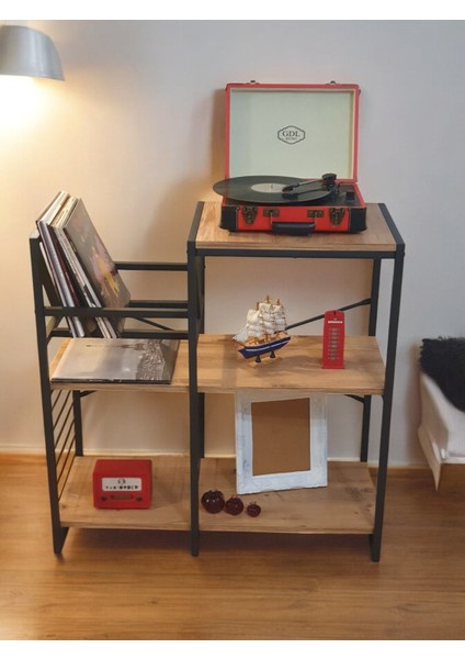 DEKORATİF PLAK STANDI METAL GÖVDELİ AHŞAP RAFLI PİLAK KÖŞESİ DRESUAR