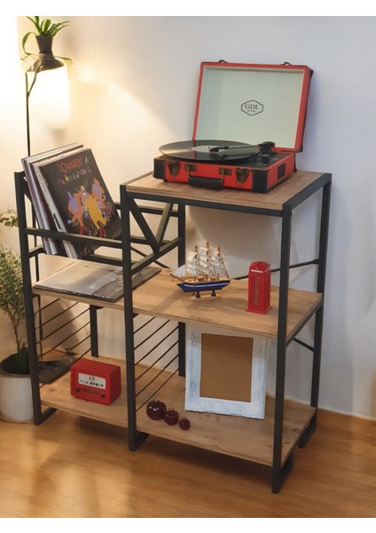 DEKORATİF PLAK STANDI METAL GÖVDELİ AHŞAP RAFLI PİLAK KÖŞESİ DRESUAR