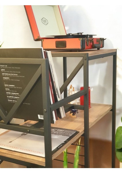 DEKORATİF PLAK STANDI METAL GÖVDELİ AHŞAP RAFLI PİLAK KÖŞESİ DRESUAR