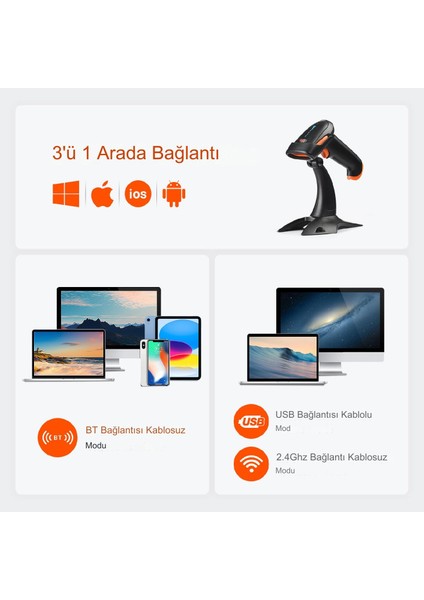 Pro Kablosuz 1d 2d Qr Barkod Tarayıcı, 3'ü 1 Arada Bluetooth ve 2.4g Kablosuz Barkod Okuyucu HW0002