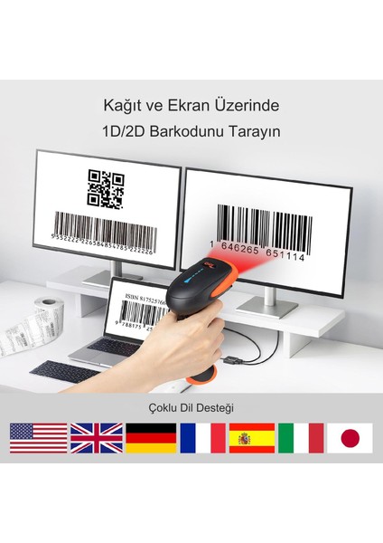 Pro Kablosuz 1d 2d Qr Barkod Tarayıcı, 3'ü 1 Arada Bluetooth ve 2.4g Kablosuz Barkod Okuyucu HW0002