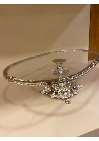 Sunum Ayaklı Oval Büyükboy Döküm Pirinç Cam 34X22 cm Gümüş modelleri