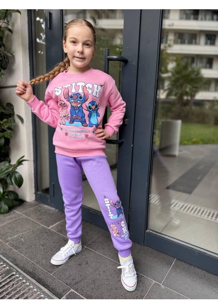 Kız Çocuk Stitch Üç Iplik Şardonlu Mor Pijama Takımı