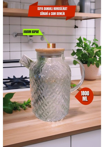 Pineapple Vakumlu Bambu Kapaklı Isıya Dayanıklı Borosilikat Cam Sürahi & Demlik, Süzgeçli Demlik