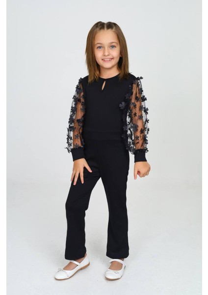 Kız Çocuk Siyah Kolları Çiçekli Tulum
