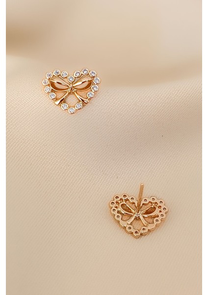 Rose Zirkon Taş Bezeme Kalp Fiyonk Figür Minimal Modern Küpe