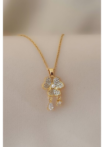 Inci Yonca Zirkon Taş Sallantı Kristal Tektaş Gold Çelik Kolye