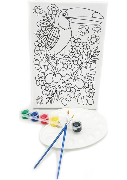 Papağan Minik Ressam Seti 20 x 30 cm Önçizimli Tuval 2 Adet Fırça Palet ve Boya