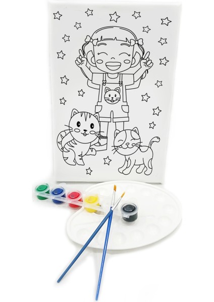 Kedili Kız Minik Ressam Seti 20 x 30 cm Önçizimli Tuval 2 Adet Fırça Palet ve Boya