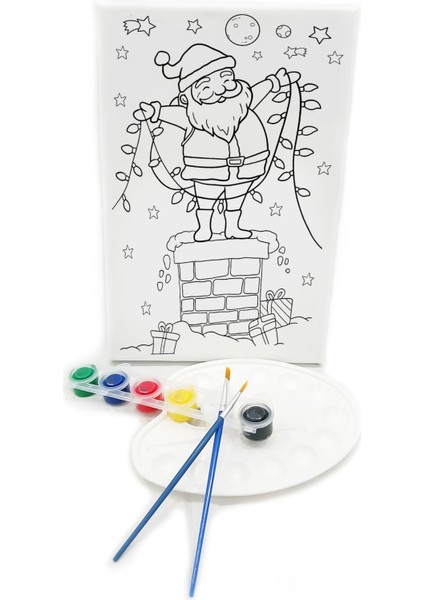 Noel Baba Minik Ressam Seti 20 x 30 cm Önçizimli Tuval 2 Adet Fırça Palet ve Boya