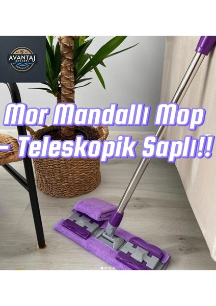 Mor Mandallı Mop - Mikrofiber Bezli, Teleskopik Saplı ve Yedek Bez Çok Amaçlı Temizlik Seti