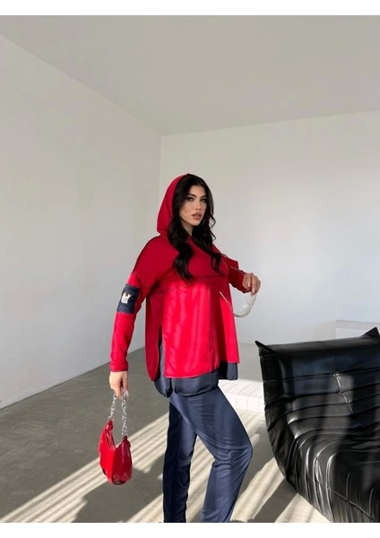 Kadın Kırmızı Kapşonlu Etek Ucu Detay Arma Ters Dikiş Gorunumlu Ikili Takım fırsatları