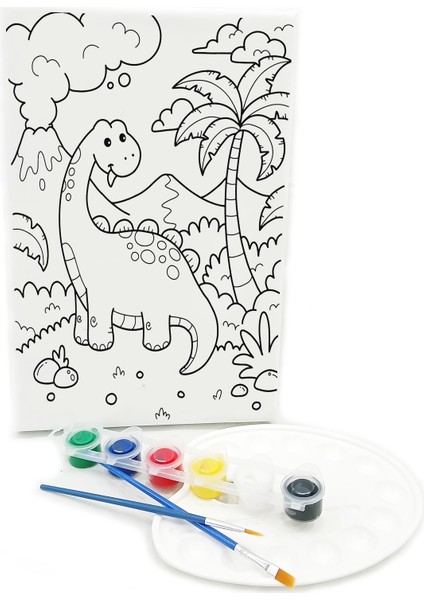 Sevimli Dinozor Minik Ressam Seti 20 x 30 cm Önçizimli Tuval 2 Adet Fırça Palet ve Boya