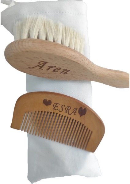 2'li Set Isme Özel %100 Keçi Kılı Bebek Saç Fırçası & Mini Oval Tarak Isme Özel Bebek Fırçası