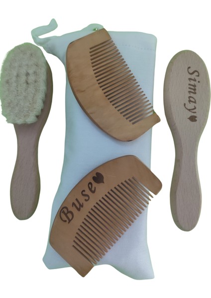 2'li Set Isme Özel %100 Keçi Kılı Bebek Saç Fırçası & Mini Oval Tarak Isme Özel Bebek Fırçası