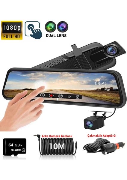 10" Dokunmatik Ekran Fhd 1080P 64GB Hafıza Araç Içi Çift Lens Kamera (10M Arka Kamera Kablosu)