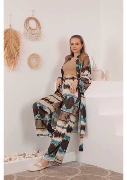Saten Kumaş Batik Desen Kadın Kimono-Mavi fiyatları