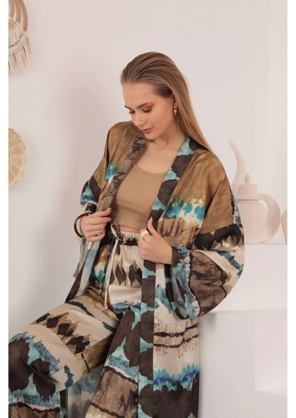 Saten Kumaş Batik Desen Kadın Kimono-Mavi modelleri